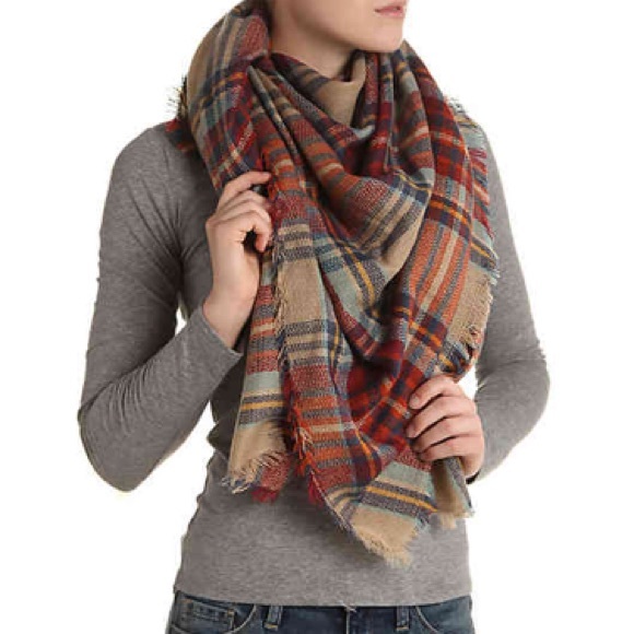 My Morena Style Accessories - Red Orange Tan Plaid Blanket Scarf